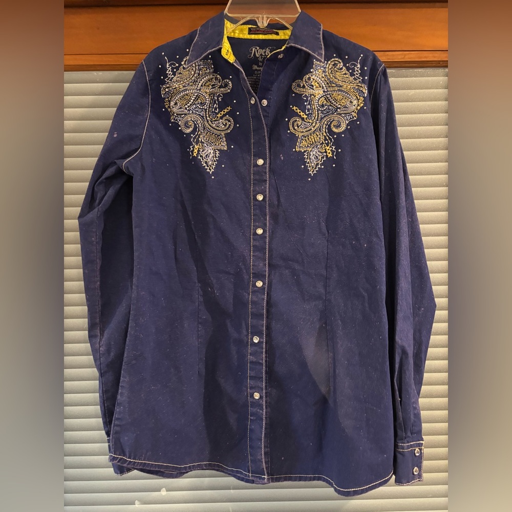 Rock 47 By Wrangler Women's Blue Yellow Long Sleeve Button Down Shirt Size Small